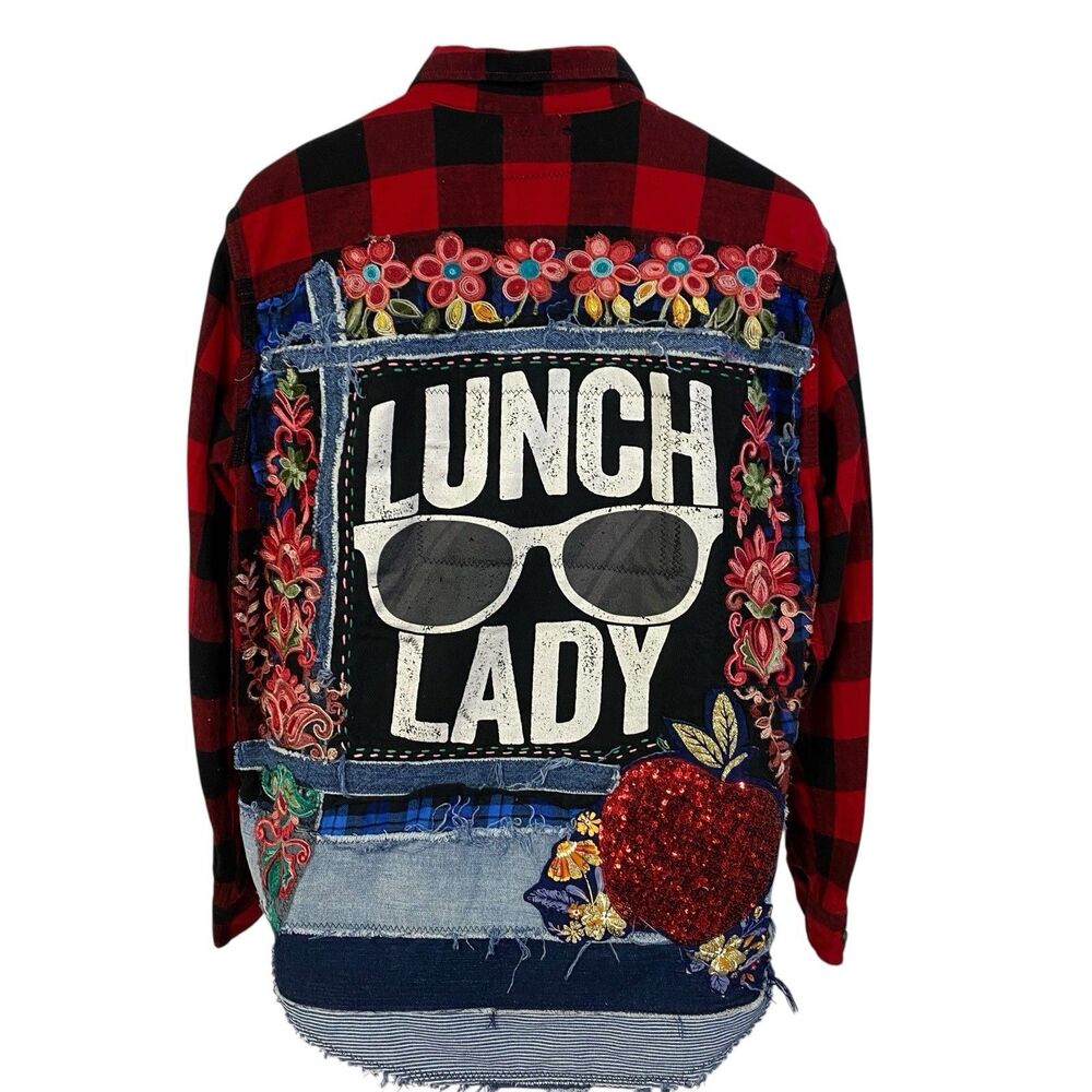 Upcycled Flannel Shirt Shacket Womens L Lunch Lady Grunge Patchwork Folk Art